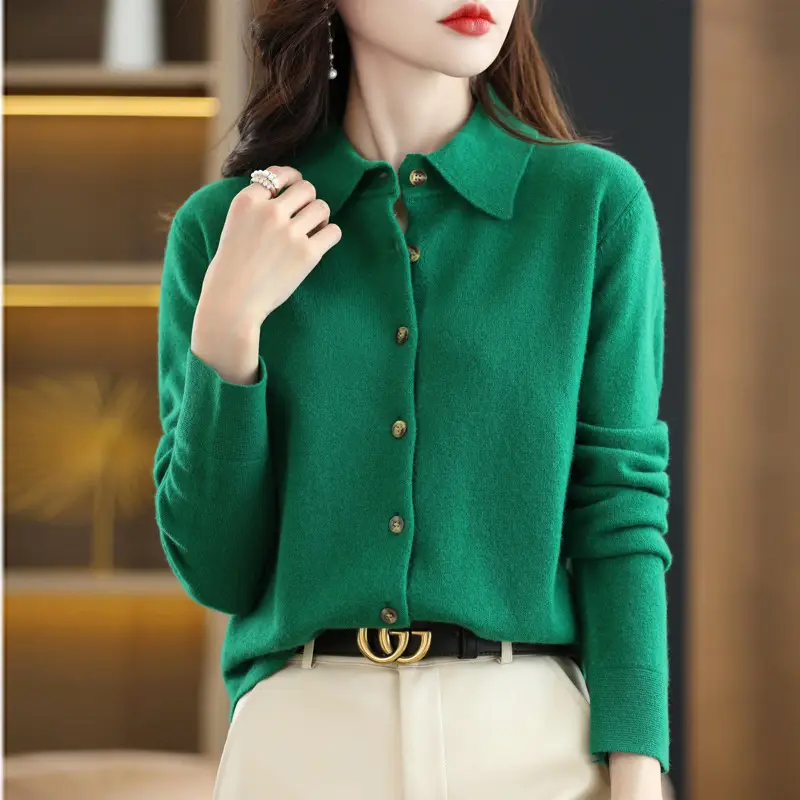 Women Green Knit Polo Collar Shirt Long Sleeve Winter - Image 6