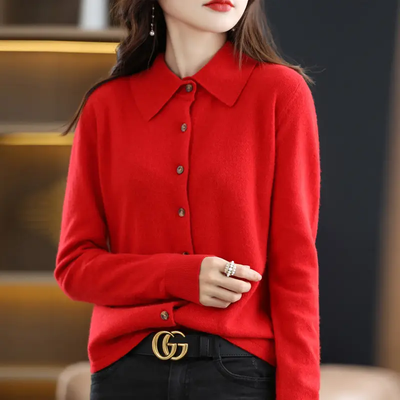 Women Green Knit Polo Collar Shirt Long Sleeve Winter - Image 7