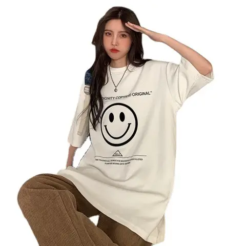 Women Loose Fit Smile Print T-Shirt Mid Length Grey - Image 8