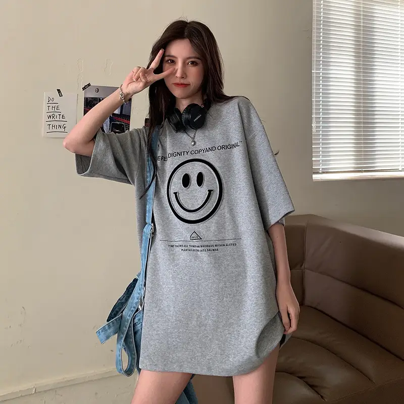 Women Loose Fit Smile Print T-Shirt Mid Length Grey — feature 10