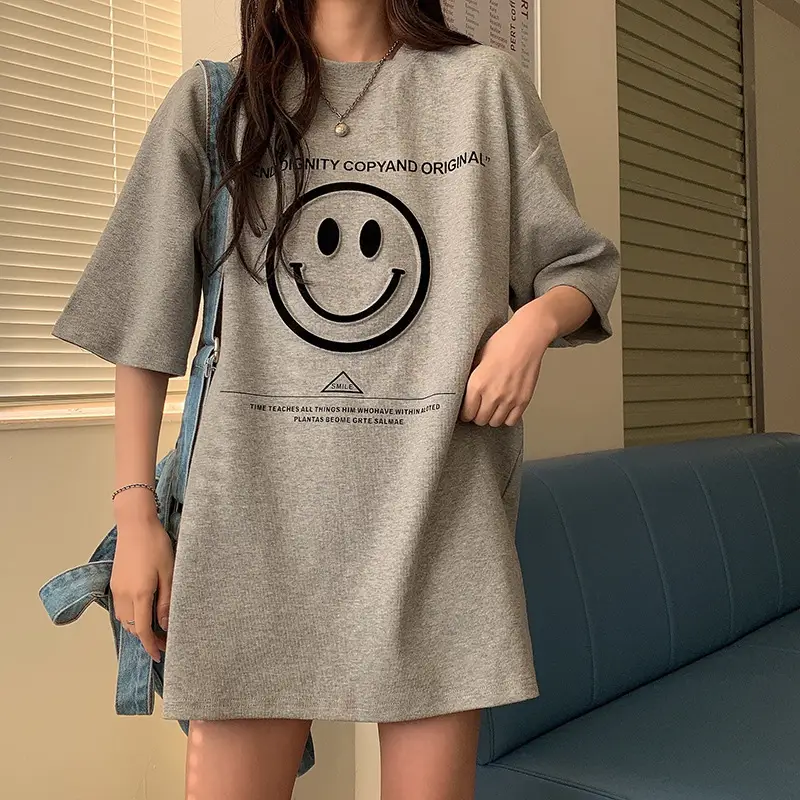 Women Loose Fit Smile Print T-Shirt Mid Length Grey — feature 11
