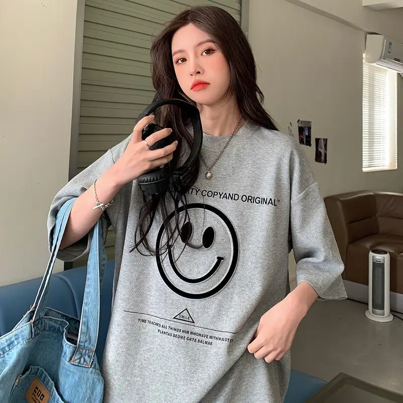Women Loose Fit Smile Print T-Shirt Mid Length Grey — feature 12