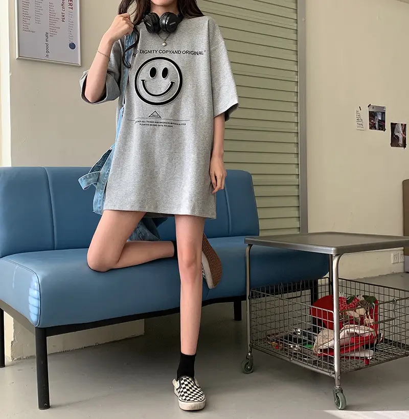 Women Loose Fit Smile Print T-Shirt Mid Length Grey — feature 14