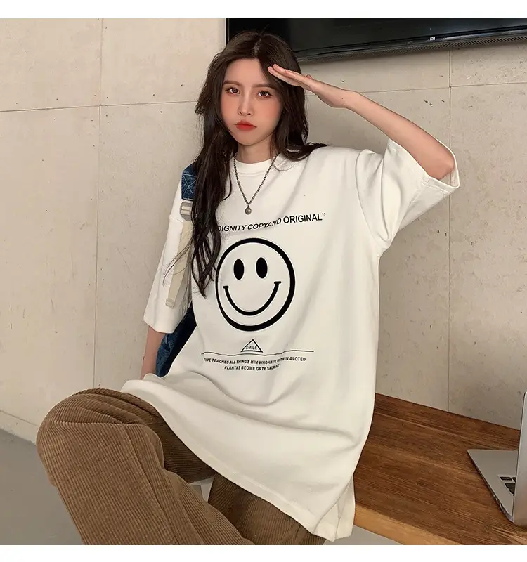 Women Loose Fit Smile Print T-Shirt Mid Length Grey — feature 15