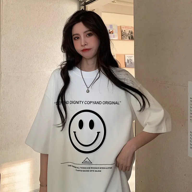 Women Loose Fit Smile Print T-Shirt Mid Length Grey — feature 16