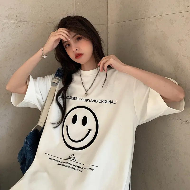 Women Loose Fit Smile Print T-Shirt Mid Length Grey — feature 17