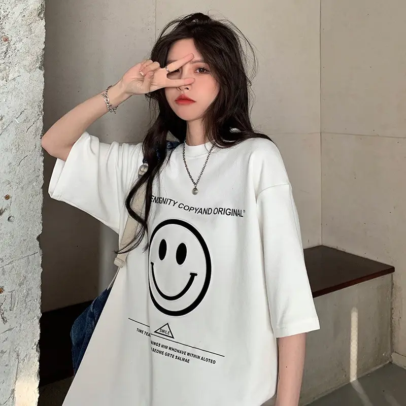 Women Loose Fit Smile Print T-Shirt Mid Length Grey — feature 18
