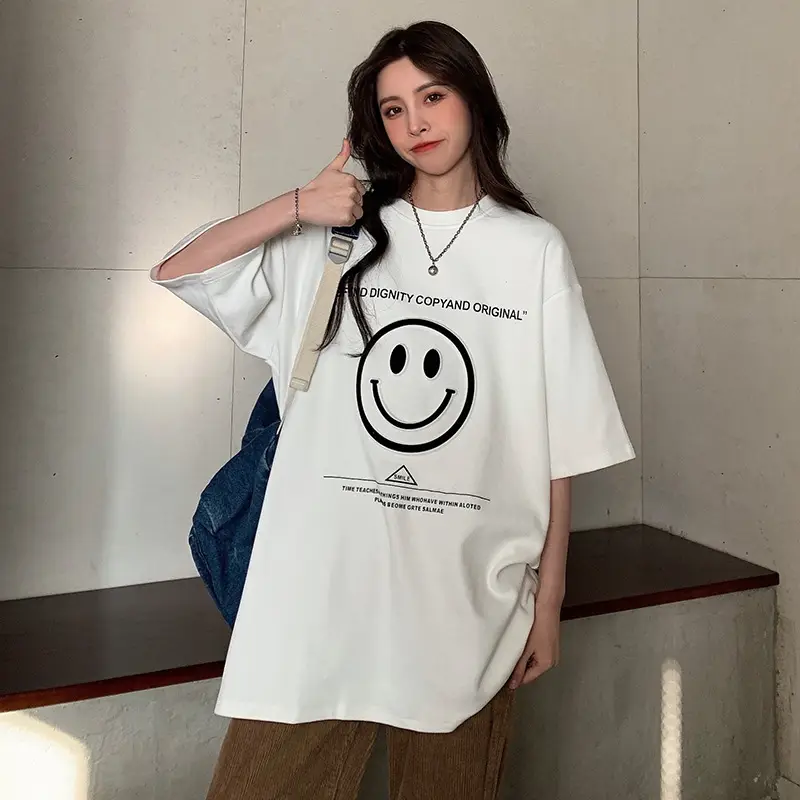 Women Loose Fit Smile Print T-Shirt Mid Length Grey — feature 19