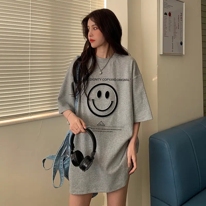 Women Loose Fit Smile Print T-Shirt Mid Length Grey — feature 2