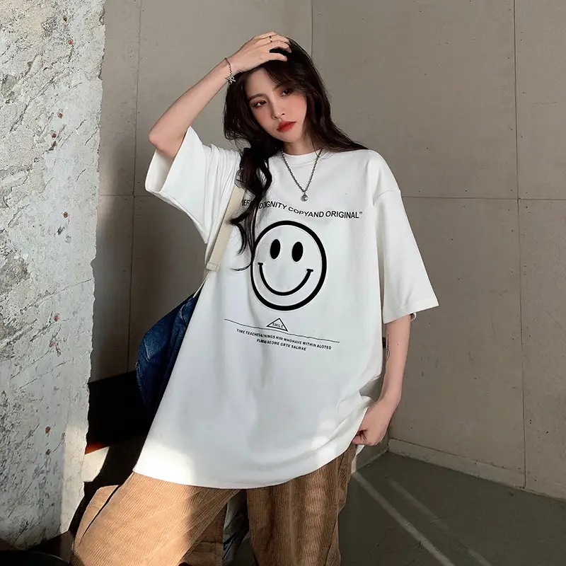Women Loose Fit Smile Print T-Shirt Mid Length Grey — feature 20