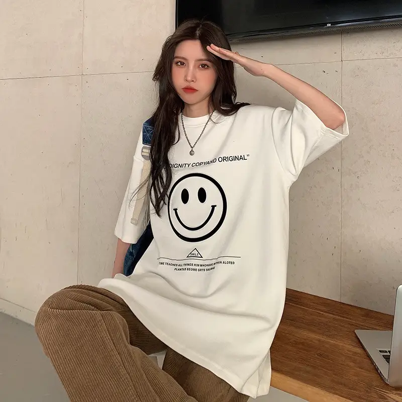 Women Loose Fit Smile Print T-Shirt Mid Length Grey — feature 21