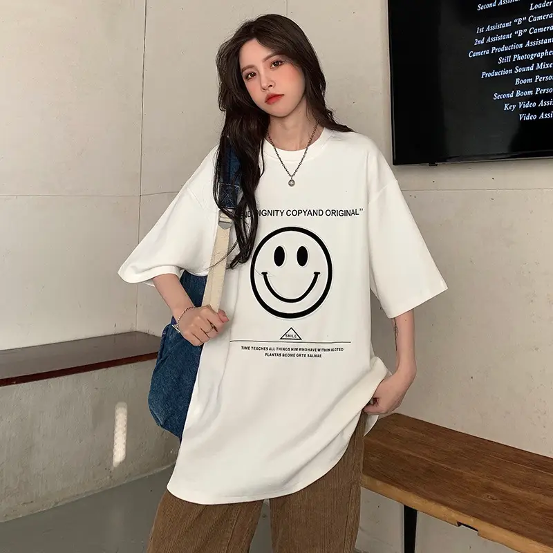 Women Loose Fit Smile Print T-Shirt Mid Length Grey — feature 22