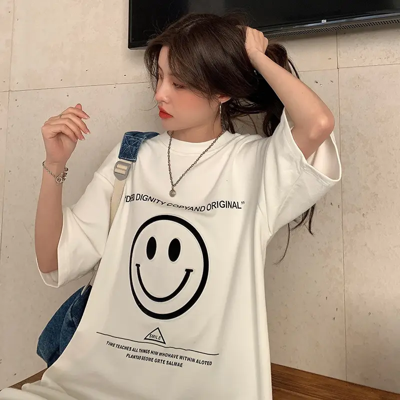 Women Loose Fit Smile Print T-Shirt Mid Length Grey — feature 23