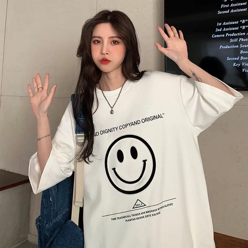 Women Loose Fit Smile Print T-Shirt Mid Length Grey — feature 24