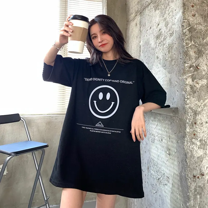 Women Loose Fit Smile Print T-Shirt Mid Length Grey — feature 26