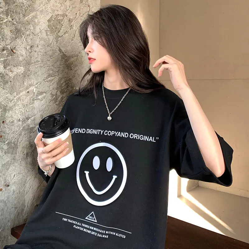 Women Loose Fit Smile Print T-Shirt Mid Length Grey — feature 27