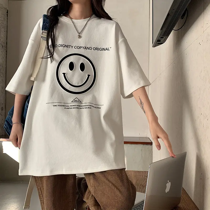Women Loose Fit Smile Print T-Shirt Mid Length Grey — feature 28