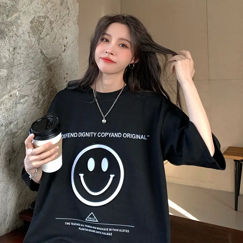 Women Loose Fit Smile Print T-Shirt Mid Length Grey — feature 29