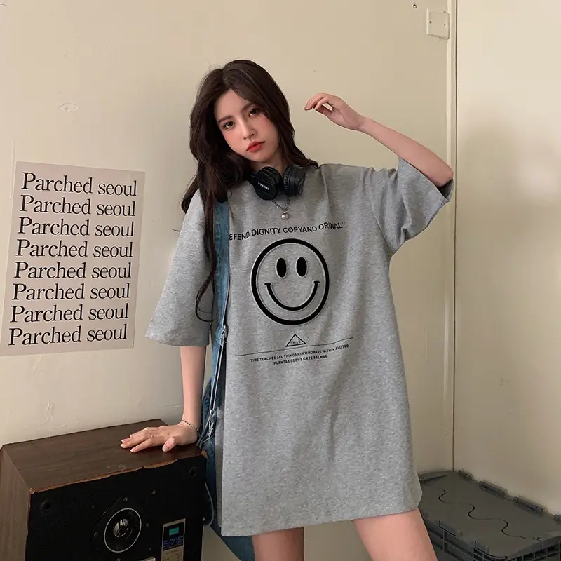 Women Loose Fit Smile Print T-Shirt Mid Length Grey — feature 3