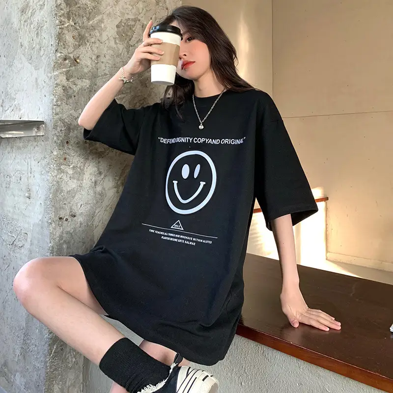 Women Loose Fit Smile Print T-Shirt Mid Length Grey — feature 31