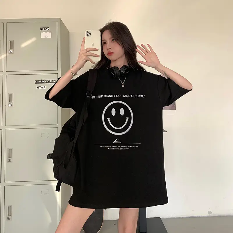 Women Loose Fit Smile Print T-Shirt Mid Length Grey — feature 32