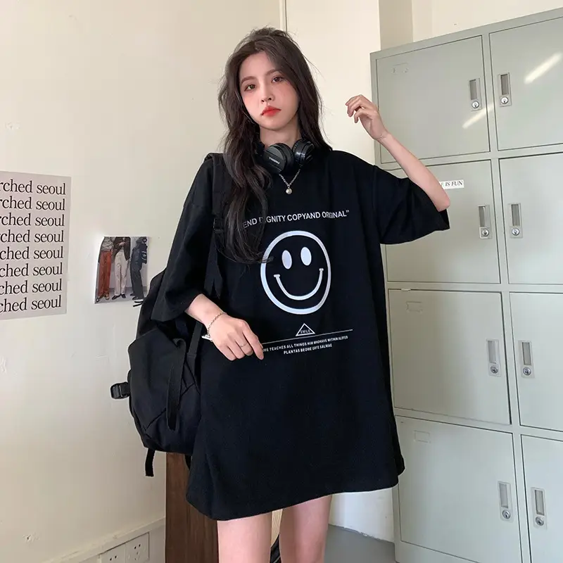 Women Loose Fit Smile Print T-Shirt Mid Length Grey — feature 33