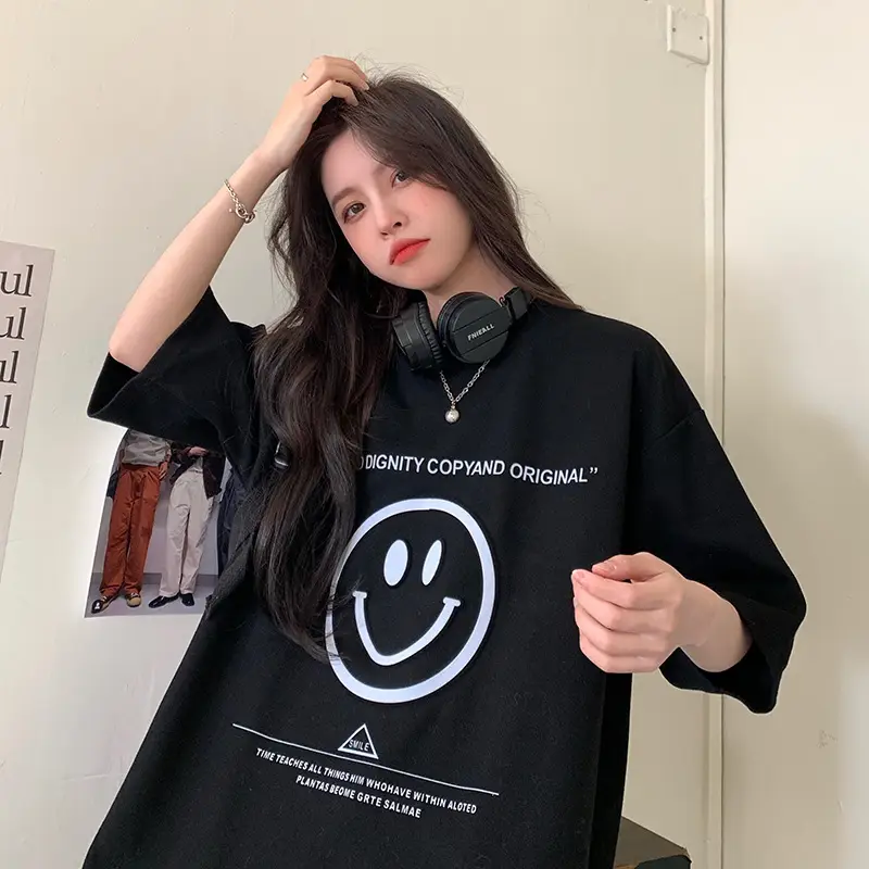 Women Loose Fit Smile Print T-Shirt Mid Length Grey — feature 36