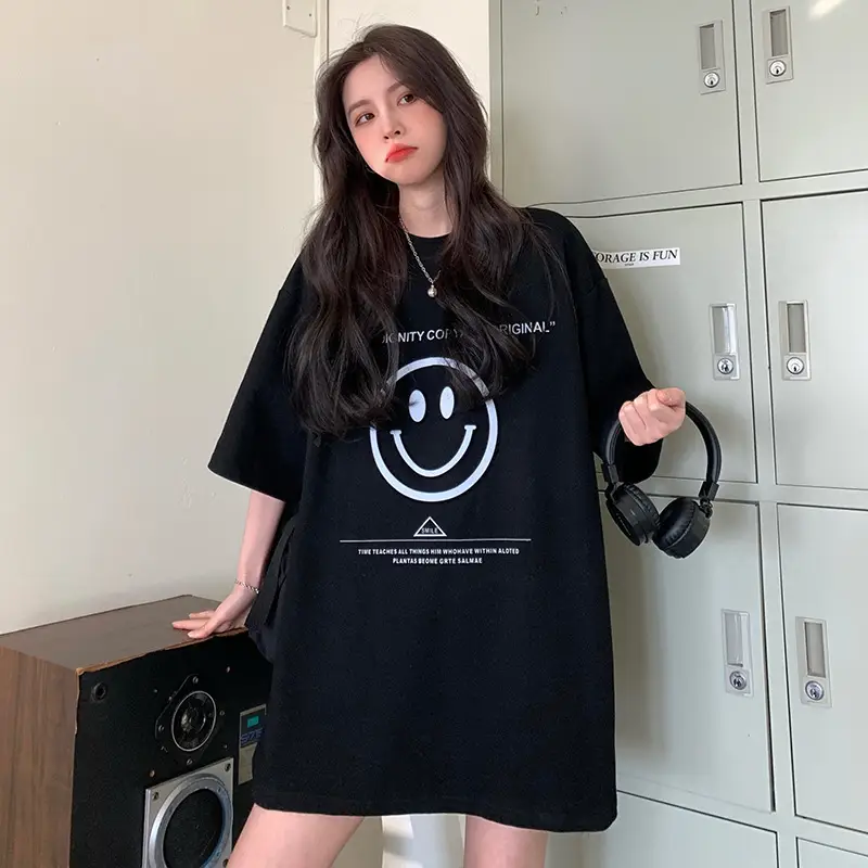 Women Loose Fit Smile Print T-Shirt Mid Length Grey — feature 37