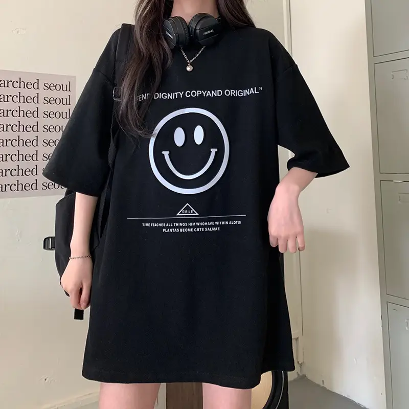 Women Loose Fit Smile Print T-Shirt Mid Length Grey — feature 39