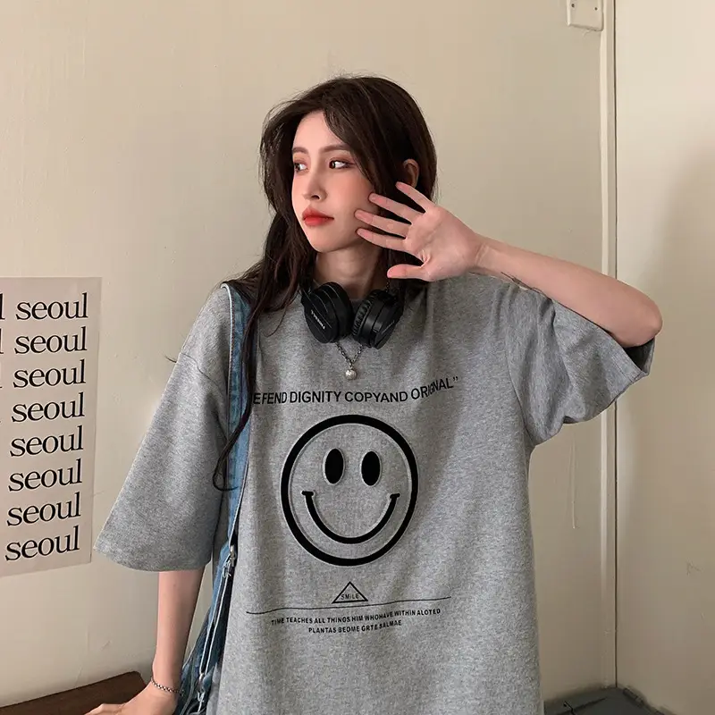 Women Loose Fit Smile Print T-Shirt Mid Length Grey — feature 4