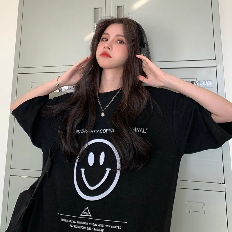 Women Loose Fit Smile Print T-Shirt Mid Length Grey — feature 40
