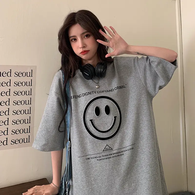 Women Loose Fit Smile Print T-Shirt Mid Length Grey — feature 5