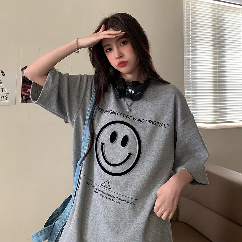 Women Loose Fit Smile Print T-Shirt Mid Length Grey — feature 6