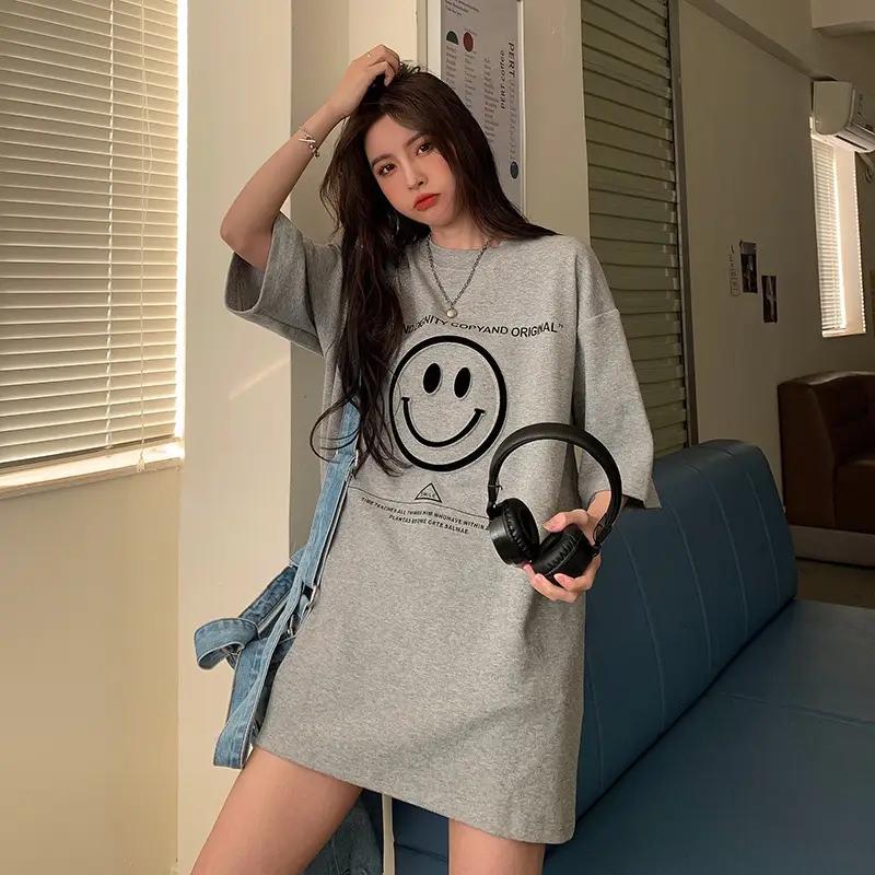 Women Loose Fit Smile Print T-Shirt Mid Length Grey — feature 7