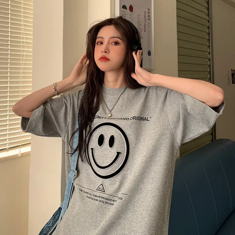 Women Loose Fit Smile Print T-Shirt Mid Length Grey — feature 8