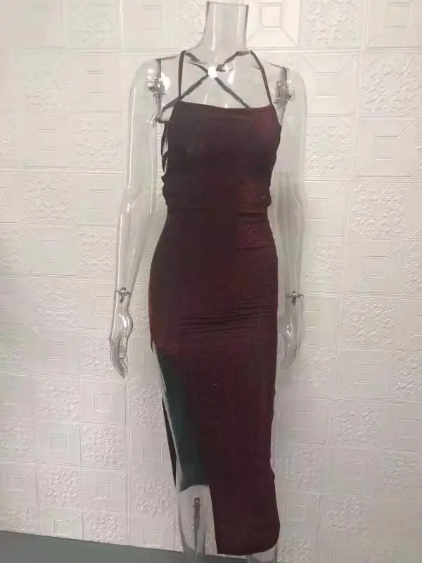 Red Gold Slit Hip-Hugging Dress with Back Square Collar — feature 12