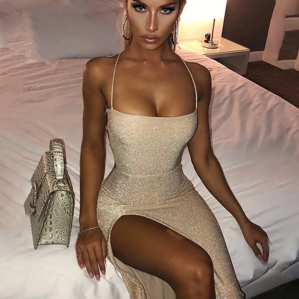 Red Gold Slit Hip-Hugging Dress with Back Square Collar