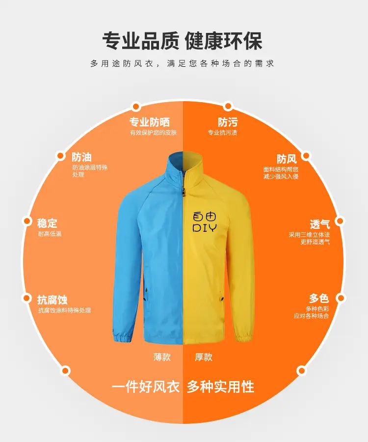 Blue Windproof Jacket with Zip Front & Zippered Back — feature 5