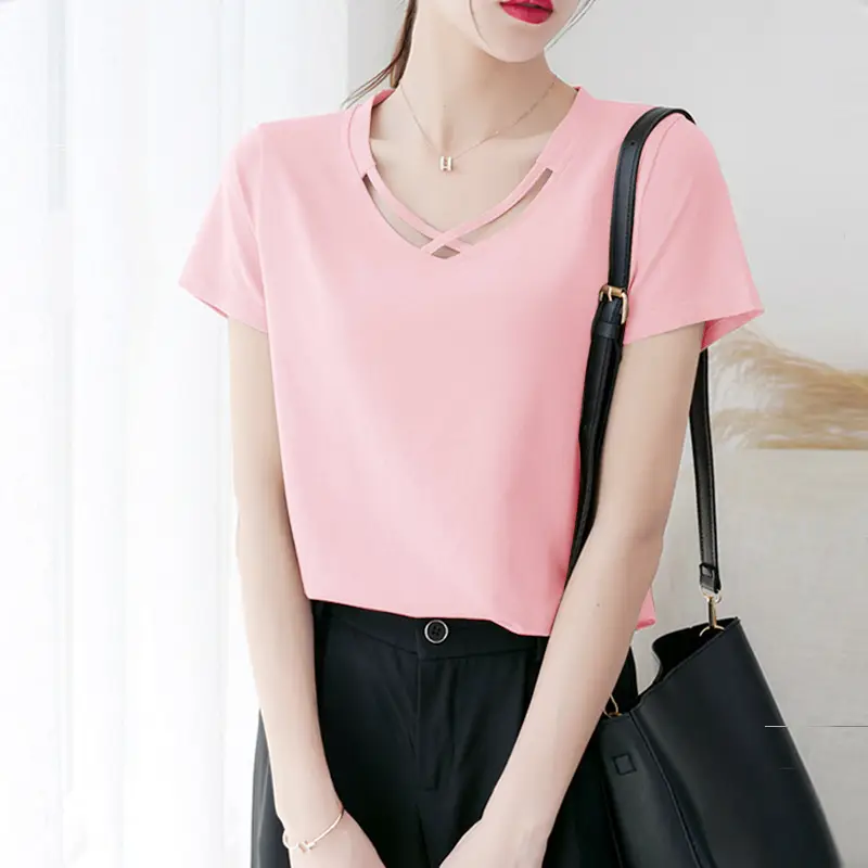 Women V Neck Short Sleeve T-Shirt Light Blue 2024 - Image 2