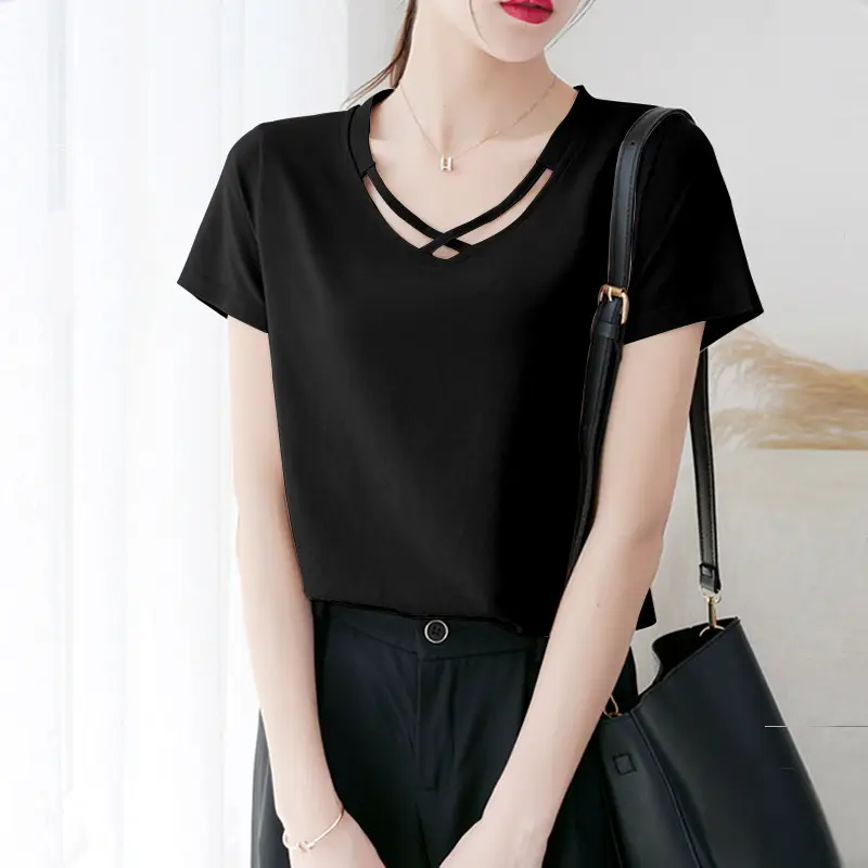 Women V Neck Short Sleeve T-Shirt Light Blue 2024 - Image 3