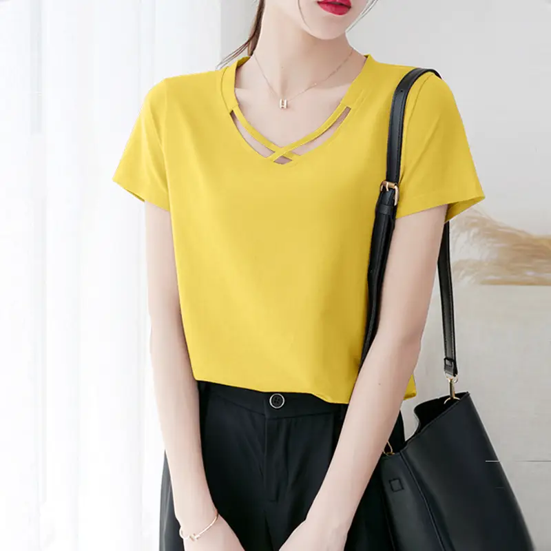 Women V Neck Short Sleeve T-Shirt Light Blue 2024 - Image 4