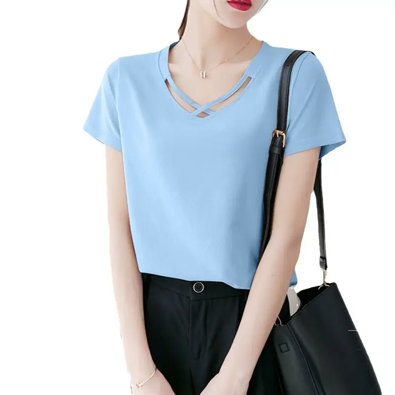 Women V Neck Short Sleeve T-Shirt Light Blue 2024 - Image 9