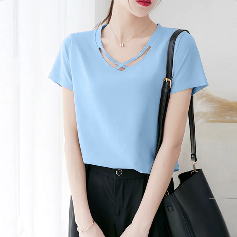 Women V Neck Short Sleeve T-Shirt Light Blue 2024 - Image 5