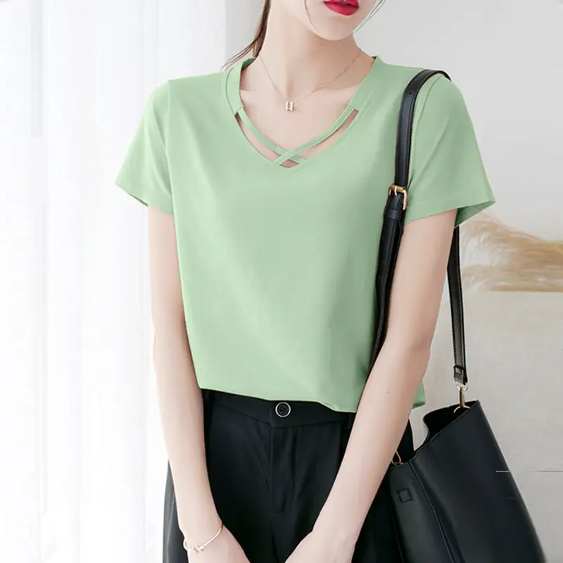 Women V Neck Short Sleeve T-Shirt Light Blue 2024 - Image 6