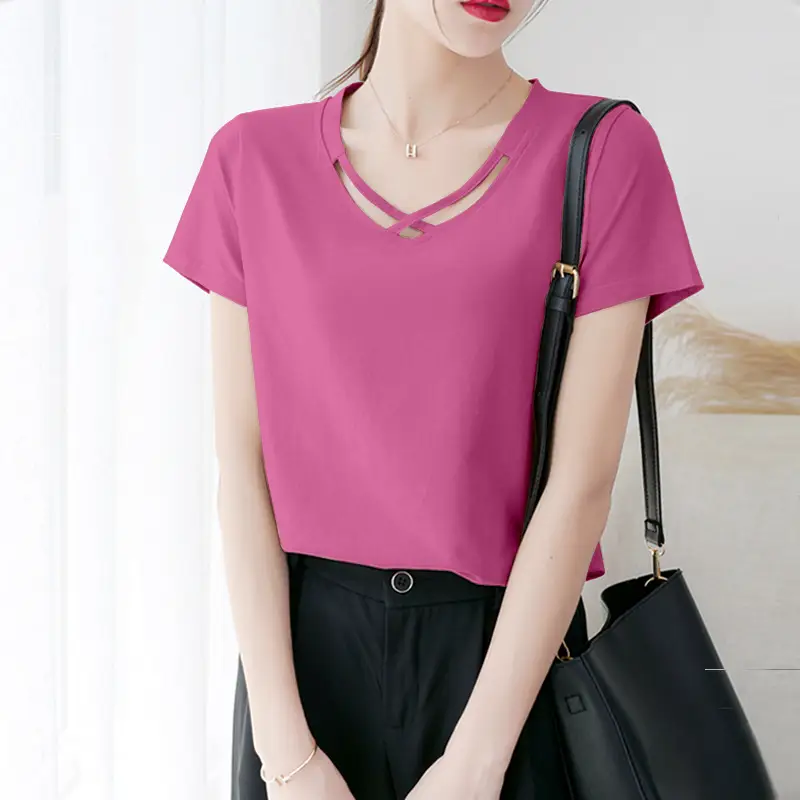 Women V Neck Short Sleeve T-Shirt Light Blue 2024 - Image 7