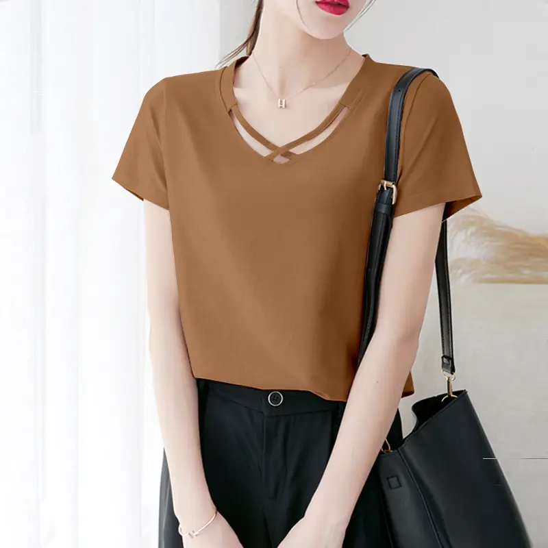 Women V Neck Short Sleeve T-Shirt Light Blue 2024 - Image 8
