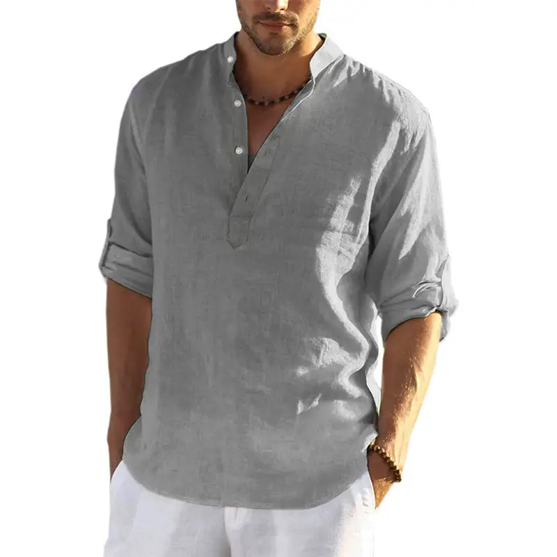 Men V-Neck Short Sleeve Shirt Grey
