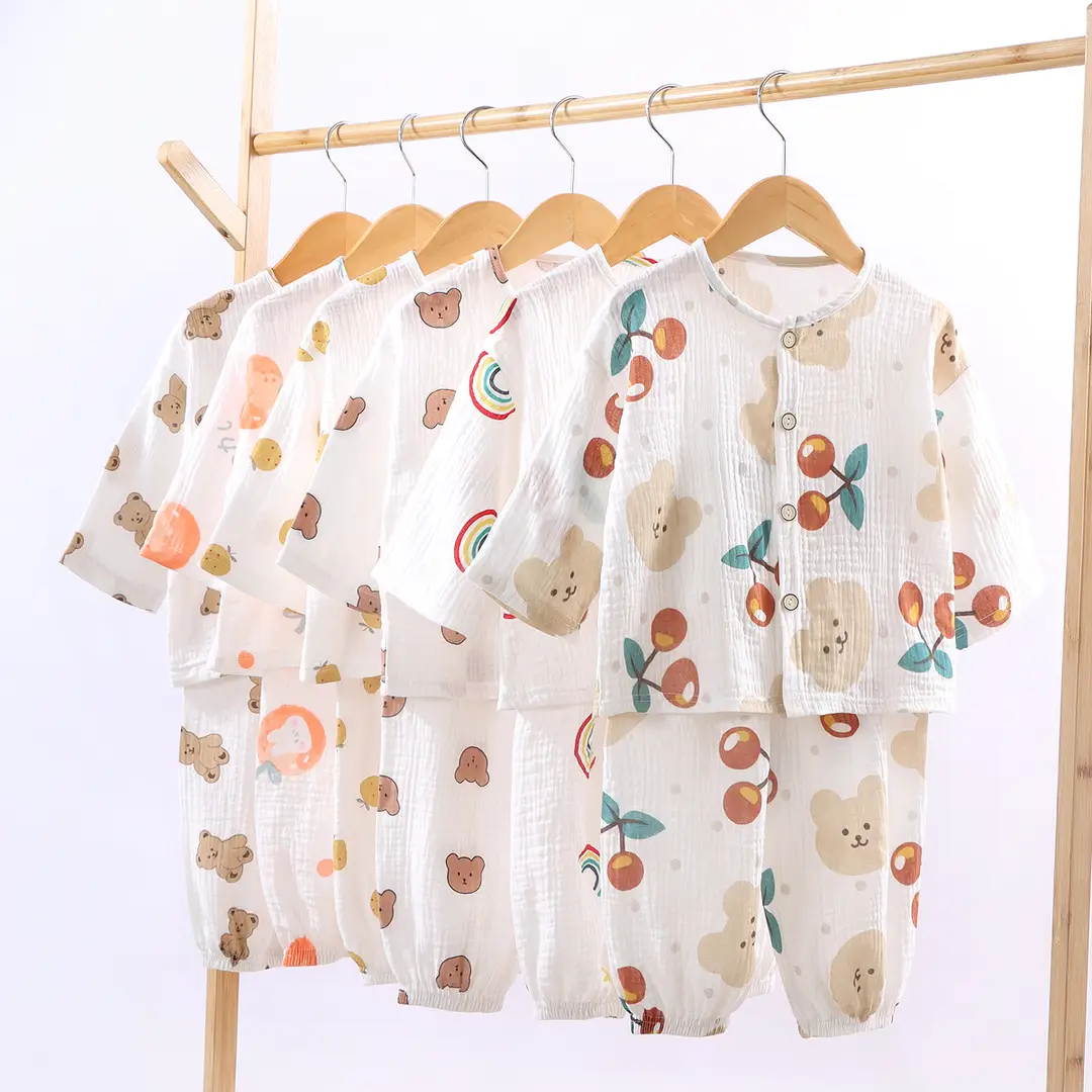 Children's Thin Double-Layer Pure Cotton Gauze Pajamas Summer Girls' Home Clothes Long-Sleeved Bloomers suit for Boys and Babies