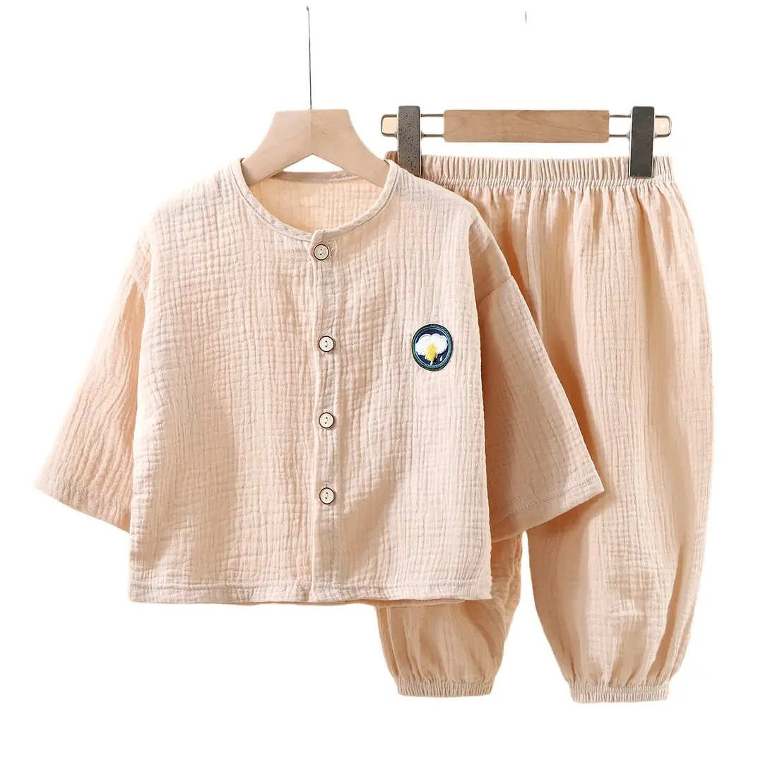 Children's Thin Double-Layer Pure Cotton Gauze Pajamas Summer Girls' Home Clothes Long-Sleeved Bloomers suit for Boys and Babies