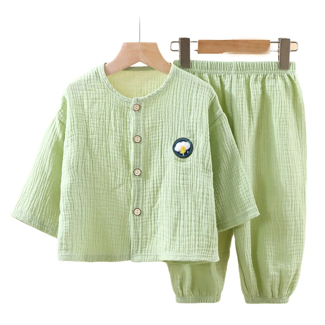 Children's Thin Double-Layer Pure Cotton Gauze Pajamas Summer Girls' Home Clothes Long-Sleeved Bloomers suit for Boys and Babies